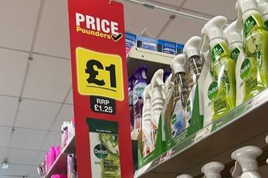 Poundland shelves with Dettol cleaning products