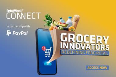 Illustration of a grocery bag emerging from a mobile phone. Text reads: Retail Week Connect in partnership with PayPal: Grocery Innovators: Redefining Food Retail