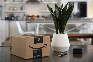Amazon package and Echo Dot on table