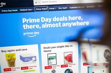 Computer screen showing Amazon website advertising Prime Day deals