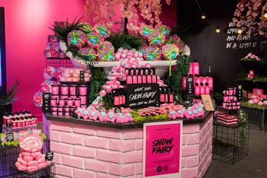 Display of Lush Christmas products with sign saying: 'Snow Fairy'