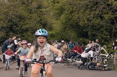 Halfords’ ad shows a group of children overtaking the pros on the final stretch