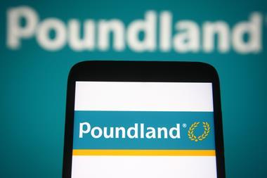 Poundland logo on phone screen against a Poundland background