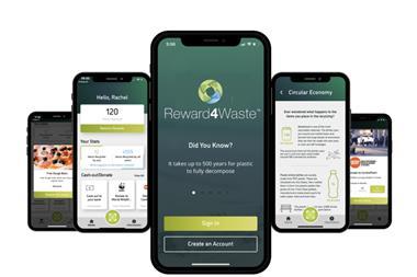 Five mobile phones showing screenshots from the Reward4Waste app