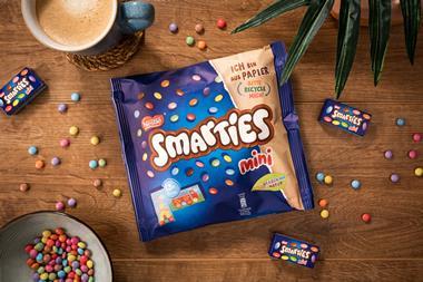Mini Smarties products on a table shown in packaging, loose and in bowls