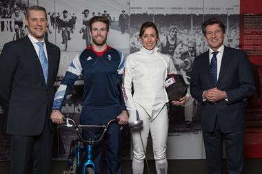 Aldi UK and Ireland chief executive Matthew Barnes with Team GB athletes Samantha Murray and Liam Phillips, and BOA chairman Lord Sebastian Coe