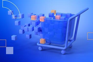 Graphic illustration of a shopping trolley with cubes floating out of it as if virtual reality