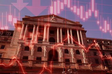 Photo of Bank of England with red line charts overlayed