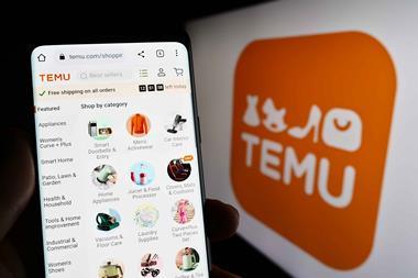 Temu phone showing product selection against background with logo