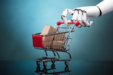 Robot hand pushing a shopping cart