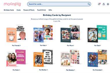 Screenshot of Moonpig website showing range of greetings cards and descriptive text