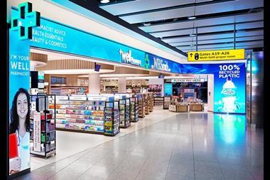 Exterior of WHSmith airport store featuring a Well pharmacy