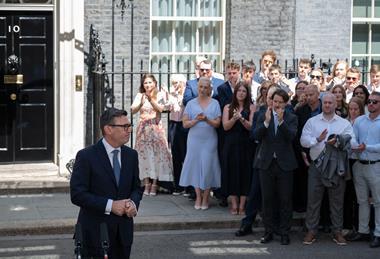 Prime-Minister-Andy Burnham-delivers-first-speech-outside-Number-10