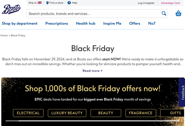 Screenshot of Boots Black Friday website