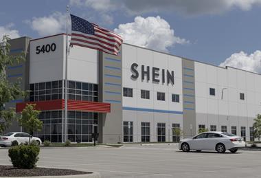 Shein distribution centre with US flag outside