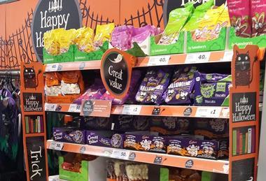 Halloween sweets on shelves in supermarket