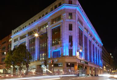 Exterior of Marks & Spencer Marble Arch store by night