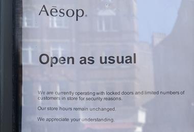 Aesop sign explaining locked doors