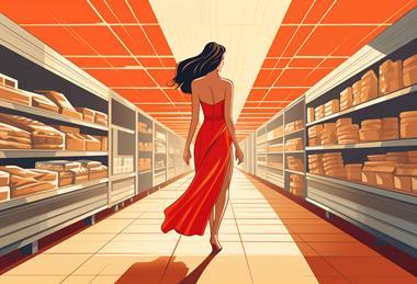 Illustration of a woman in flowing orange dress walking down supermarket aisle like a catwalk
