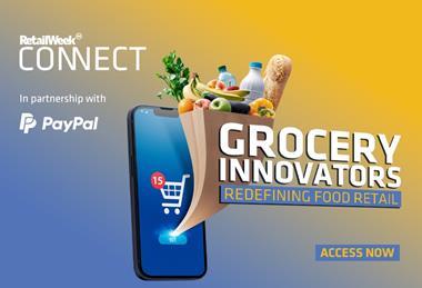 Illustration of a grocery bag emerging from a mobile phone. Text reads: Retail Week Connect in partnership with PayPal: Grocery Innovators: Redefining Food Retail