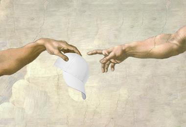 Image recreating the hands from Michaelangelo's painting The Creation of Adam, but the two hands are passing a white baseball cap