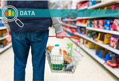 Man holding shopping basket with groceries and milk