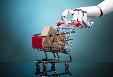 Robot hand pushing a shopping cart