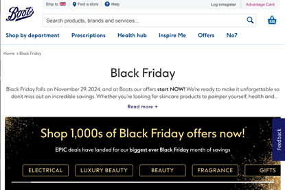 Screenshot of Boots Black Friday website