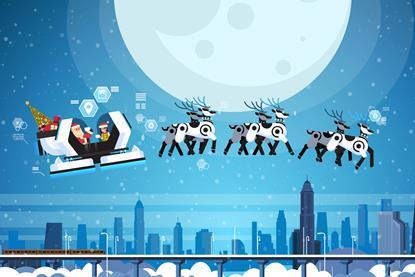 Santa in a hi-tech sleigh with mechanical reindeer