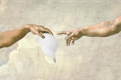 Image recreating the hands from Michaelangelo's painting The Creation of Adam, but the two hands are passing a white baseball cap