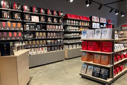 Interior of Hotel Chocolat store, showing Christmas products on shelves