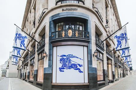 Branded flags outside Burberry Regent Street store