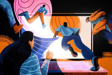 Illustration - people running into lit up computer screen