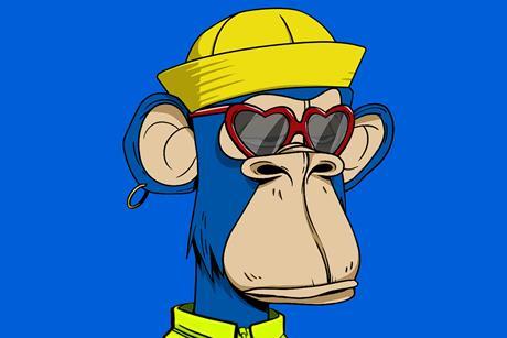 A Bored Ape illustration dressed in Adidas hat, sunglasses and jacket