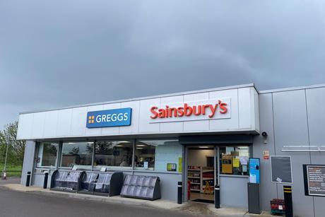 Exterior of petrol station store showing Greggs and Sainsbury's branding