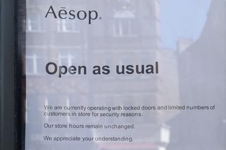 Aesop sign explaining locked doors