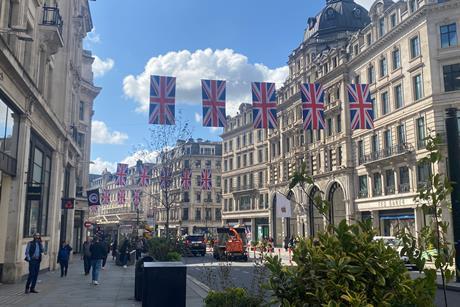 Regent Street decorated with Union flags for coronation of King Charles III