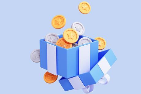 Illustration of a blue gift box containing gold and silver tokens