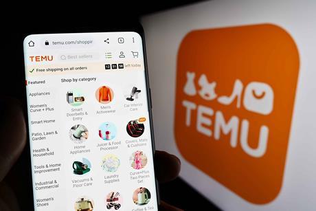 Temu phone showing product selection against background with logo