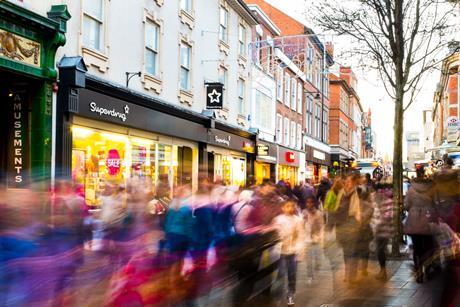 Busy high street at Christmas time