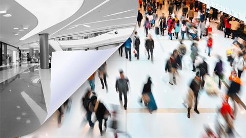 Shopping centre image overlaid over image of crowds of people taken from above