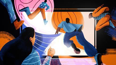 Illustration - people running into lit up computer screen