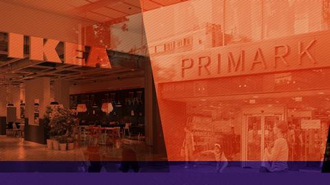 Primark and Ikea store fronts overlaid with orange tint