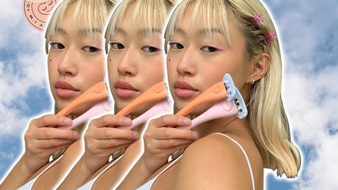 Three repeated images of a model holding Estrid razors against a blue sky background