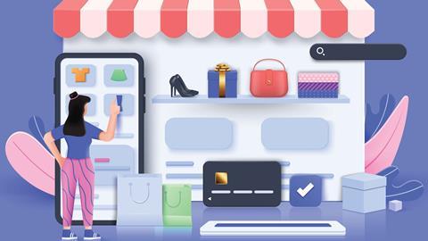 Illustration of a woman shopping on an oversized mobile phone with a shopfront on a computer screen behind it
