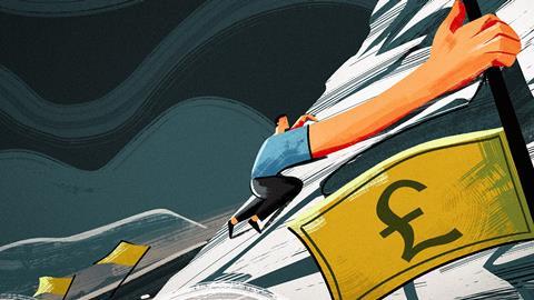 Illustration showing a man climbing a mountain, passing a flag with a pound sign on it