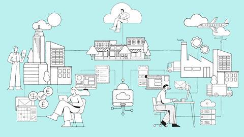 White and blue illustration showing people in an interconnected world via computers and the cloud