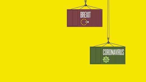 Shipping containers labelled 'Brexit' and 'Coronavirus' against a yellow background