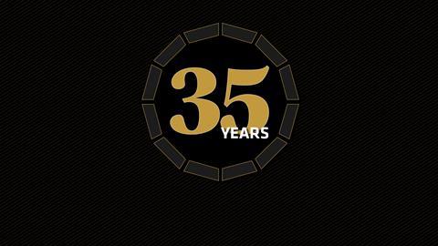 Gold text in a circle on a black background reading: '35 years'