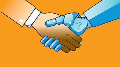 Illustration of a human and robot shaking hands
